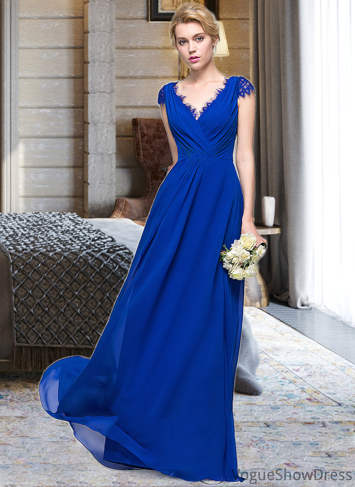 Sylvia A-Line V-neck Floor-Length Chiffon Bridesmaid Dress With Ruffle DLP0013004