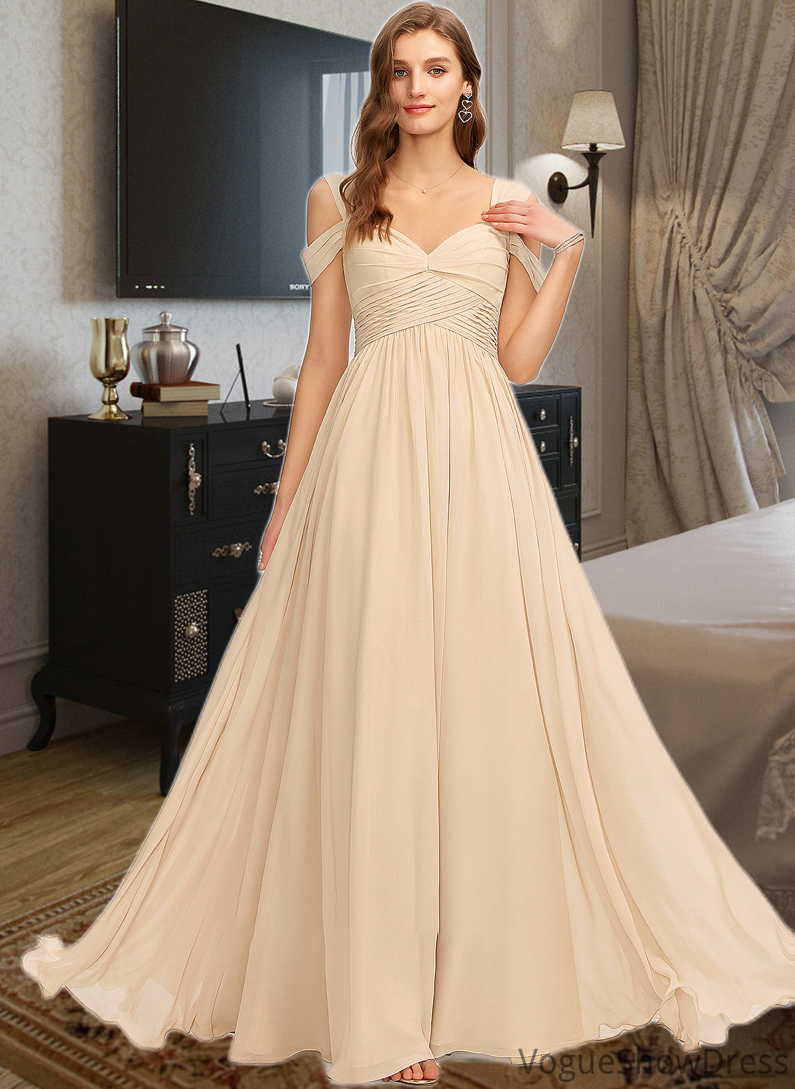 Thelma A-Line V-neck Floor-Length Chiffon Bridesmaid Dress With Ruffle DLP0013011