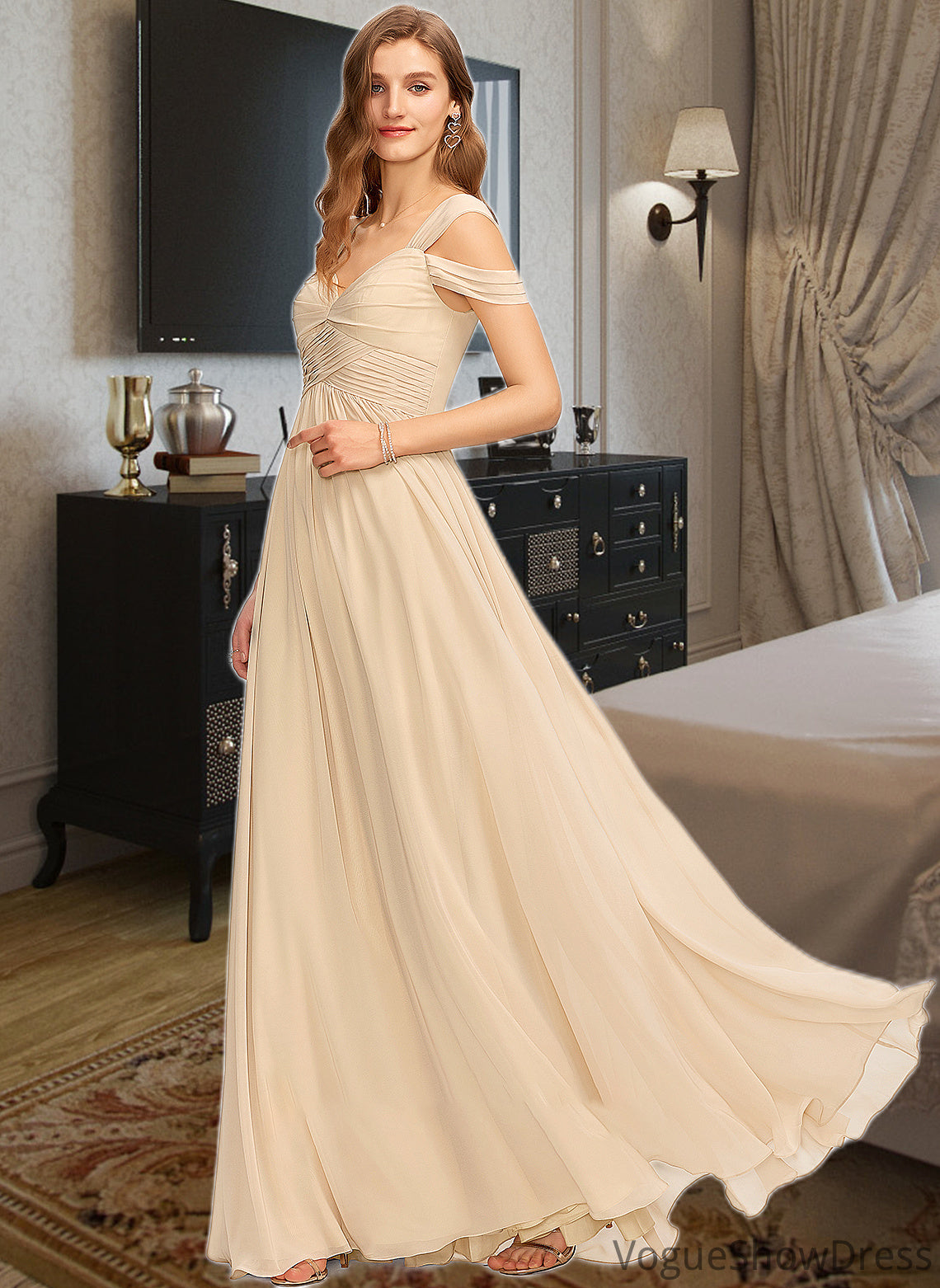 Thelma A-Line V-neck Floor-Length Chiffon Bridesmaid Dress With Ruffle DLP0013011