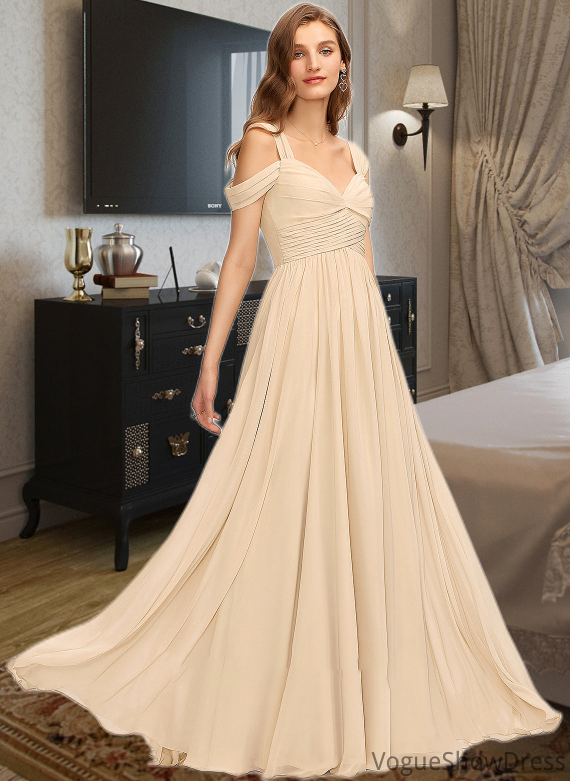 Thelma A-Line V-neck Floor-Length Chiffon Bridesmaid Dress With Ruffle DLP0013011