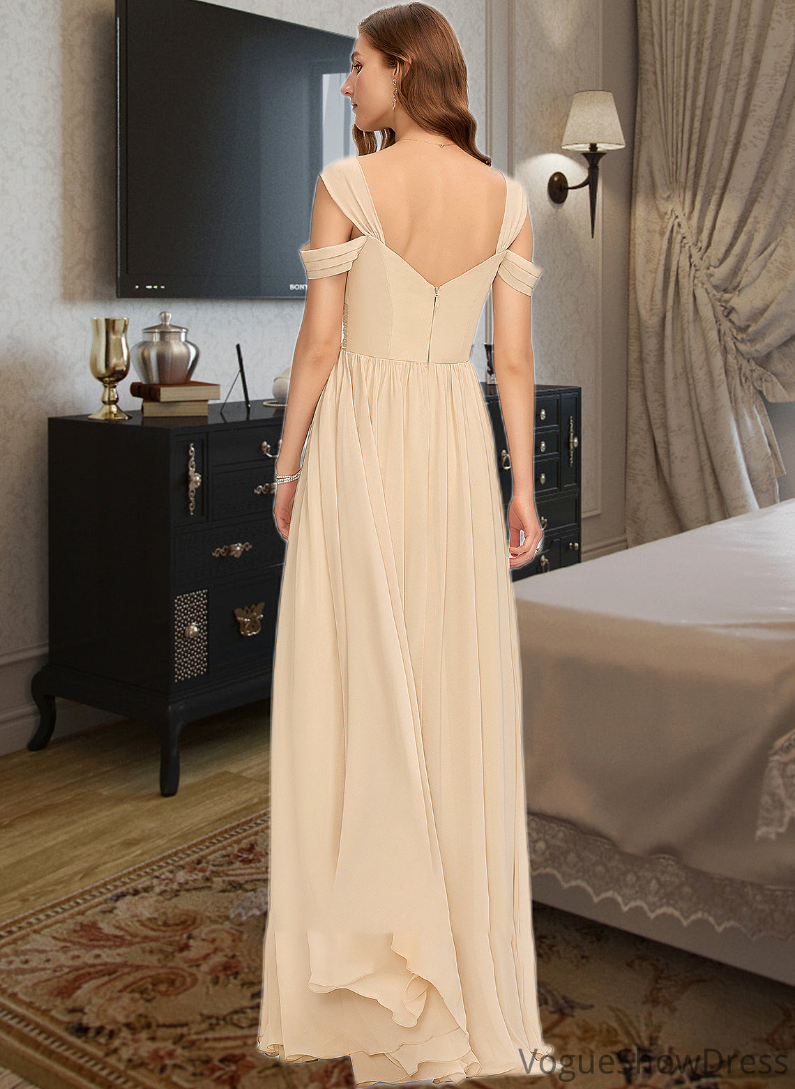 Thelma A-Line V-neck Floor-Length Chiffon Bridesmaid Dress With Ruffle DLP0013011