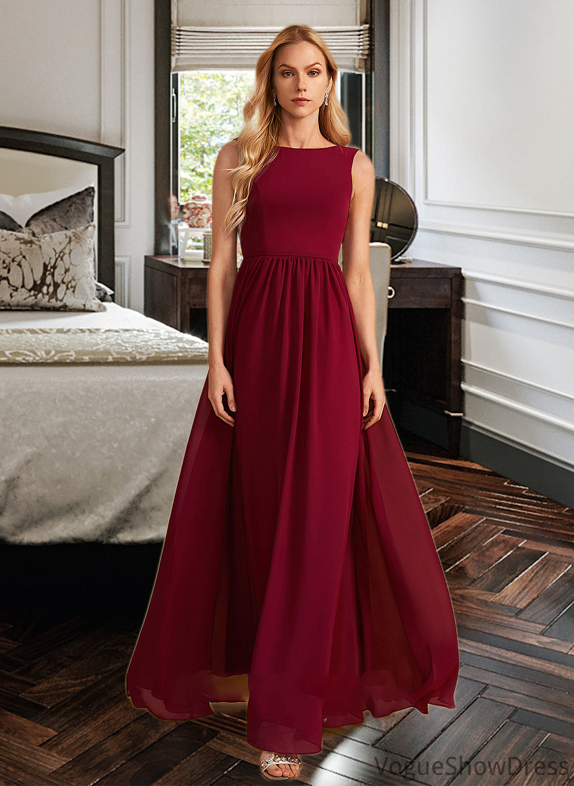 Tamara A-Line High Neck Floor-Length Bridesmaid Dress With Bow(s) DLP0013022