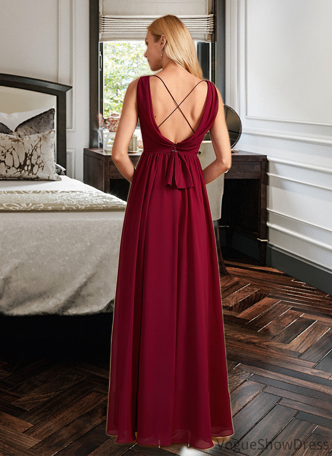 Tamara A-Line High Neck Floor-Length Bridesmaid Dress With Bow(s) DLP0013022