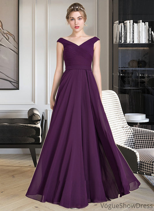 Yasmin A-line Off the Shoulder Floor-Length Chiffon Bridesmaid Dress With Ruffle DLP0013029