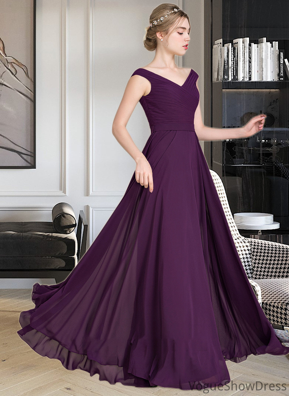 Yasmin A-line Off the Shoulder Floor-Length Chiffon Bridesmaid Dress With Ruffle DLP0013029