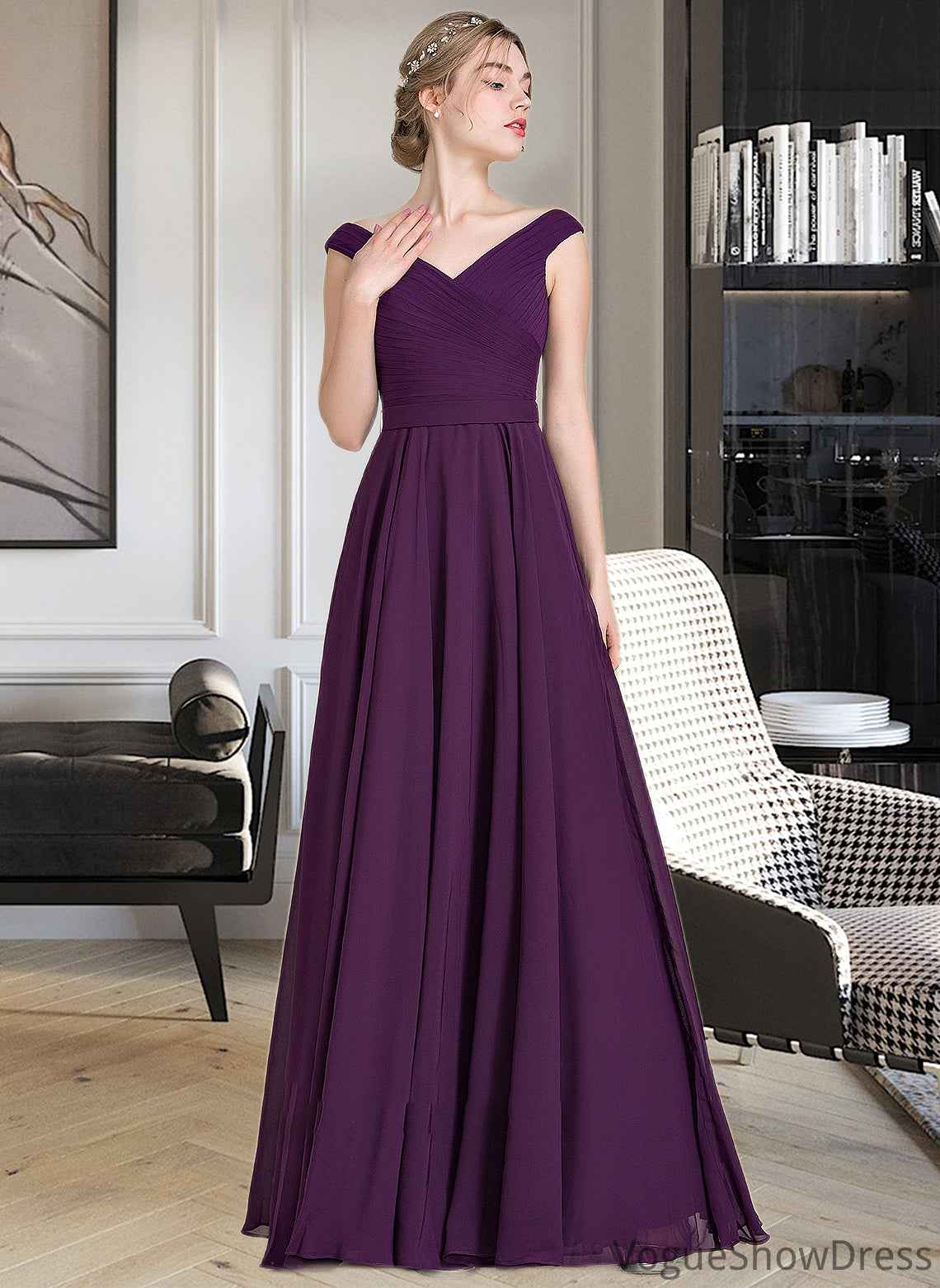 Yasmin A-line Off the Shoulder Floor-Length Chiffon Bridesmaid Dress With Ruffle DLP0013029