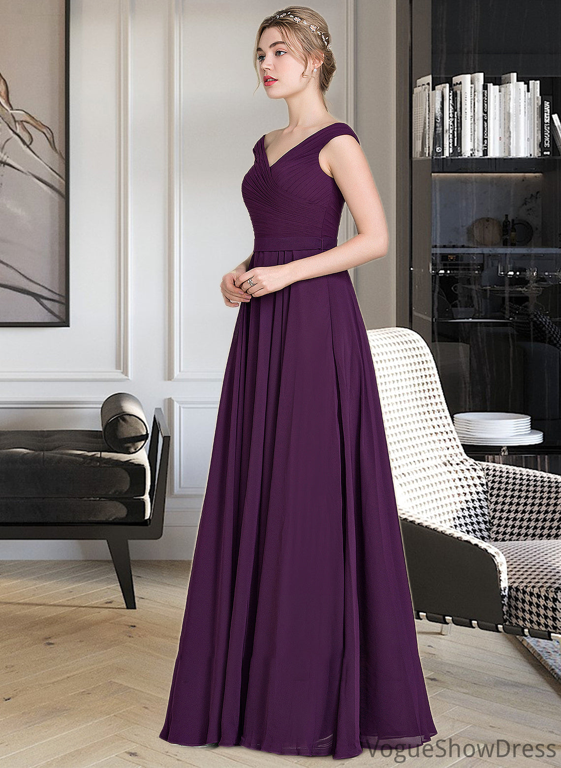 Yasmin A-line Off the Shoulder Floor-Length Chiffon Bridesmaid Dress With Ruffle DLP0013029