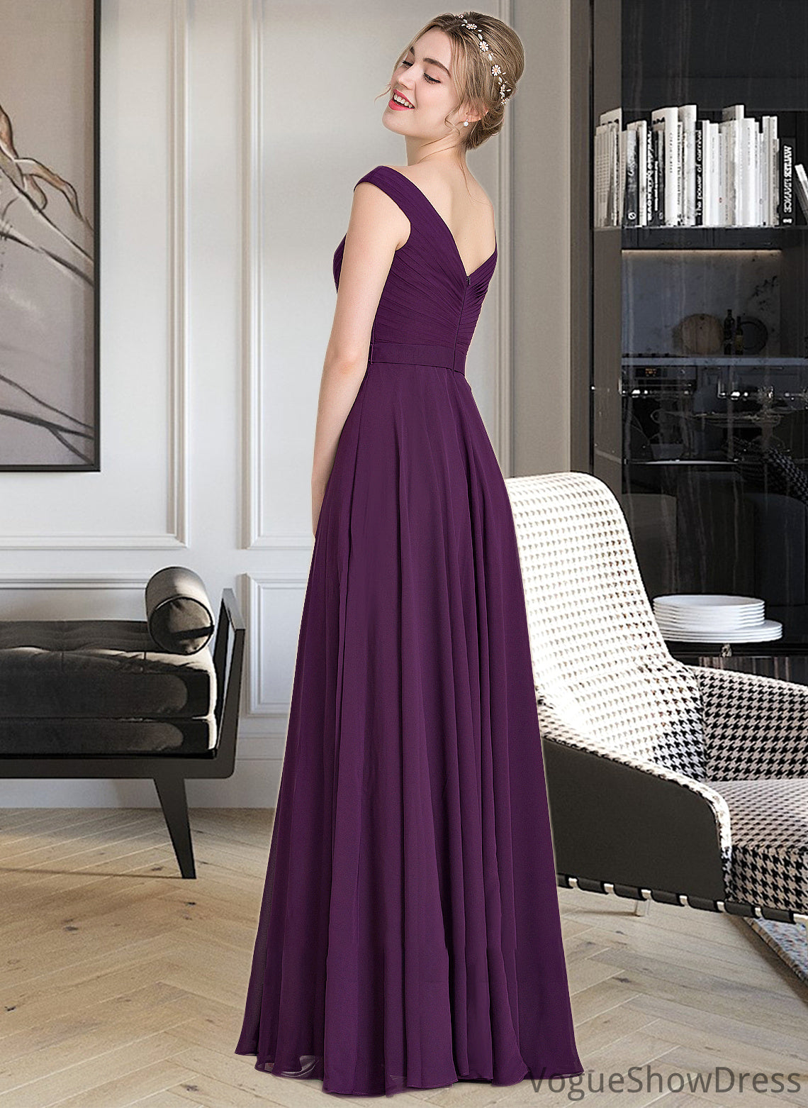 Yasmin A-line Off the Shoulder Floor-Length Chiffon Bridesmaid Dress With Ruffle DLP0013029