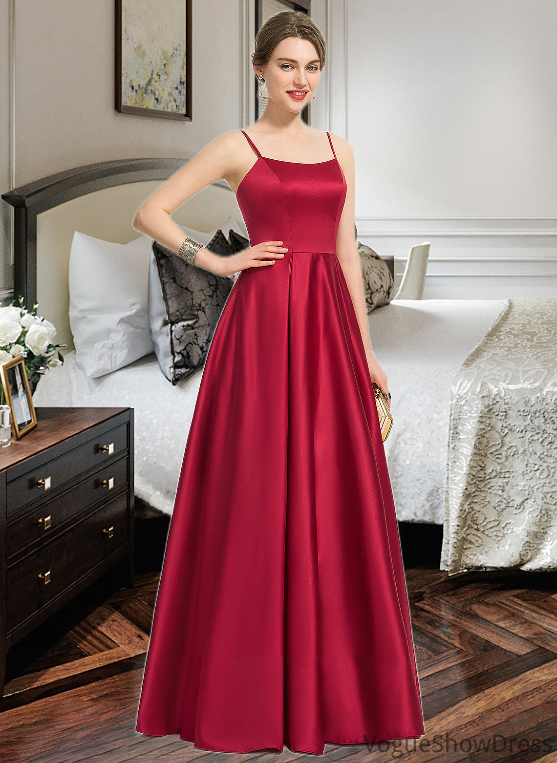 Yasmine A-Line Square Neckline Floor-Length Satin Bridesmaid Dress DLP0013060