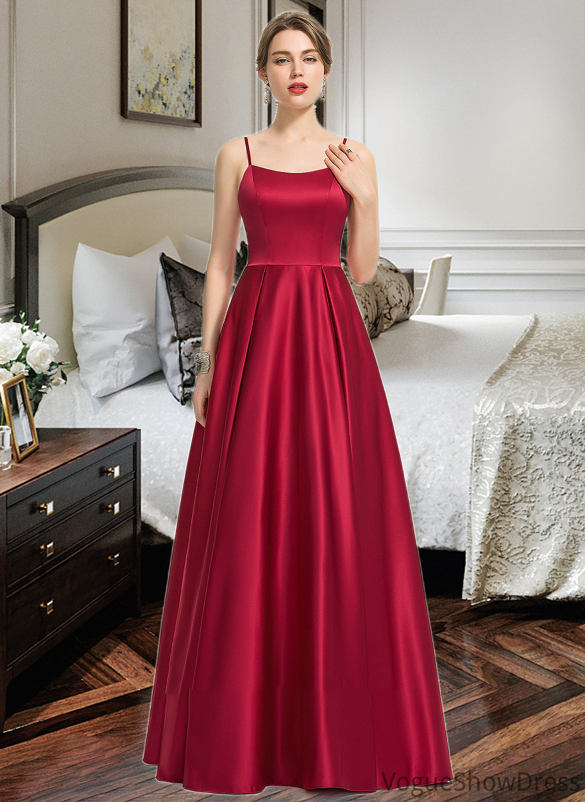 Yasmine A-Line Square Neckline Floor-Length Satin Bridesmaid Dress DLP0013060