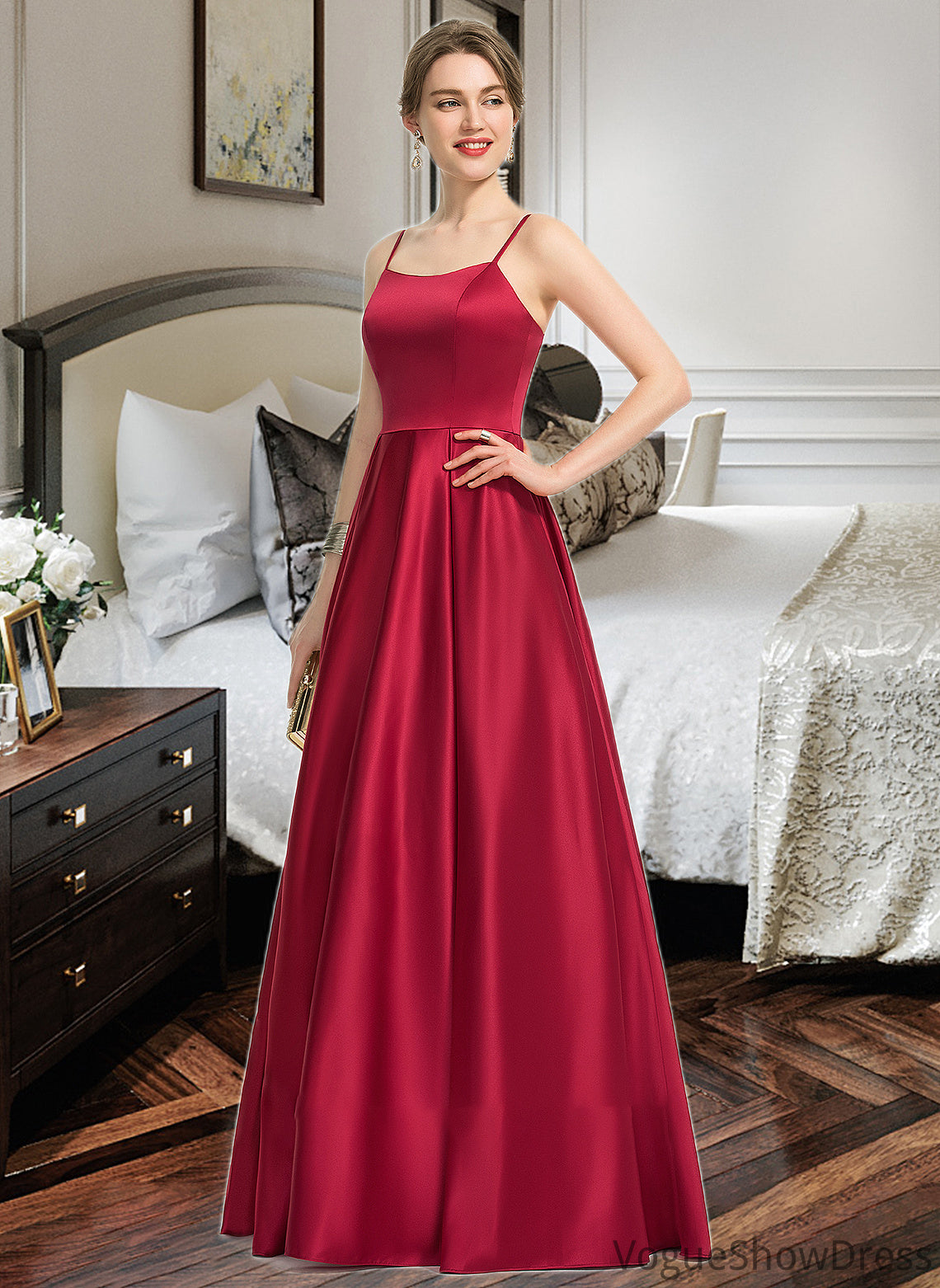 Yasmine A-Line Square Neckline Floor-Length Satin Bridesmaid Dress DLP0013060