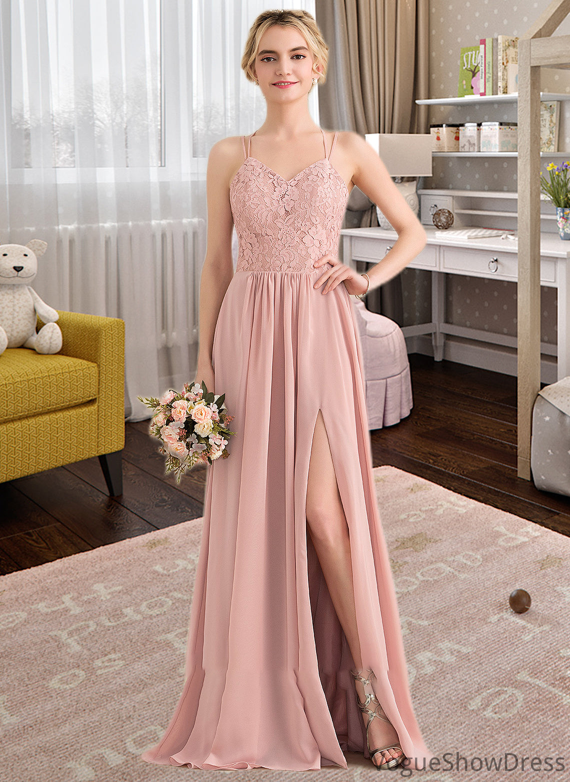 Teagan A-Line Sweetheart Floor-Length Chiffon Lace Bridesmaid Dress With Split Front DLP0013068