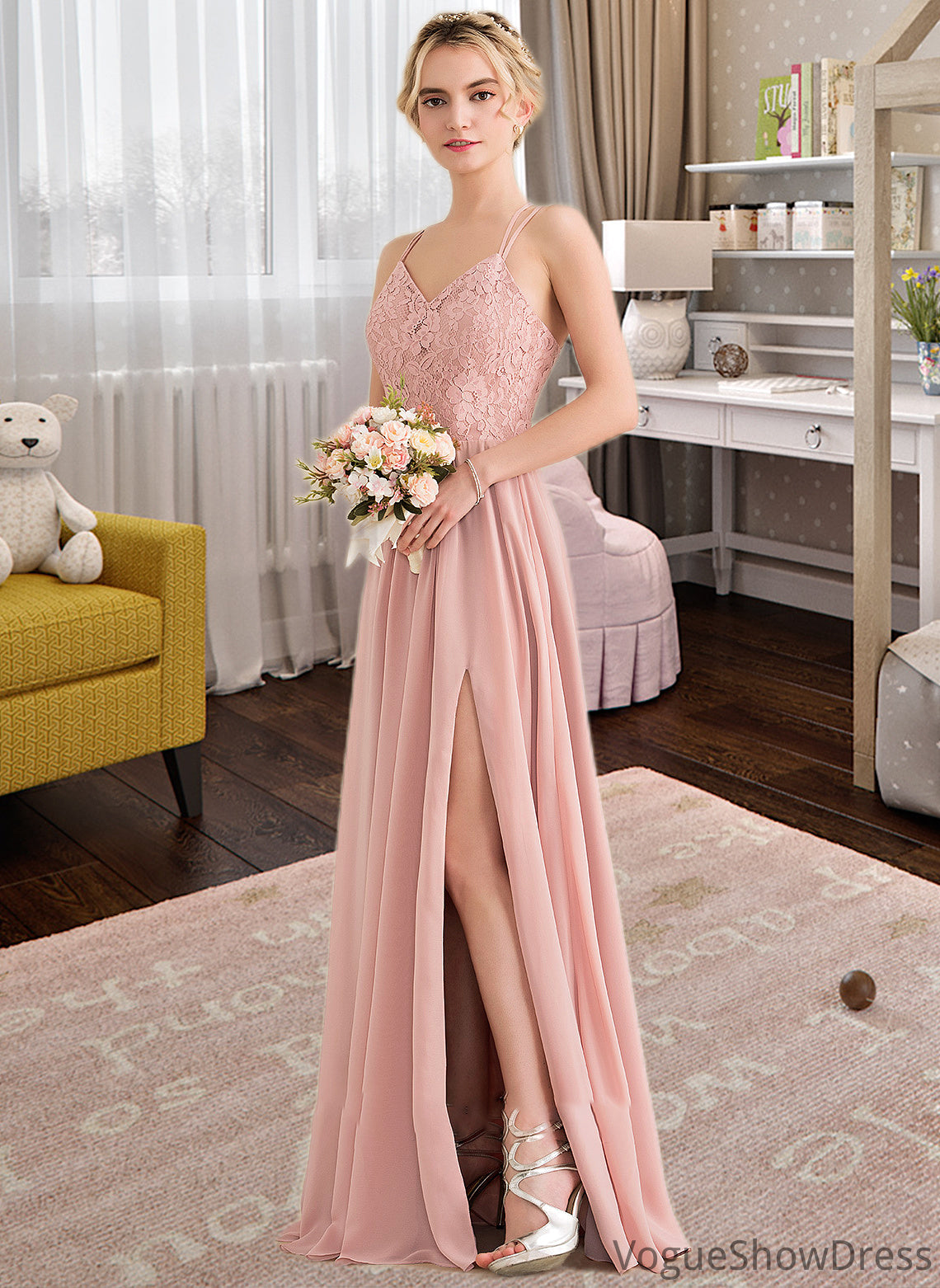 Teagan A-Line Sweetheart Floor-Length Chiffon Lace Bridesmaid Dress With Split Front DLP0013068