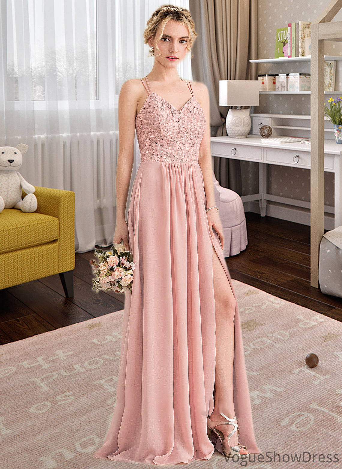 Teagan A-Line Sweetheart Floor-Length Chiffon Lace Bridesmaid Dress With Split Front DLP0013068