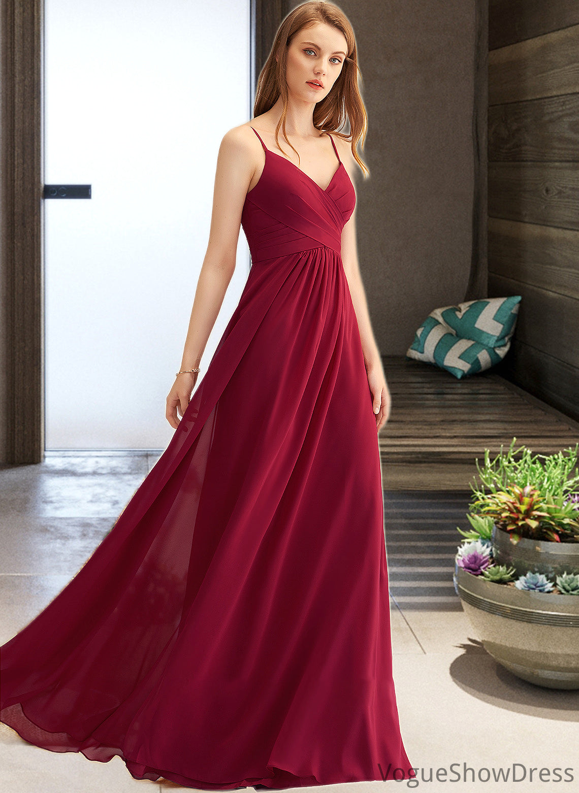 Stella A-LineV-neckFloor-LengthChiffonBridesmaidDressWithRuffle#251386 DLP0013076