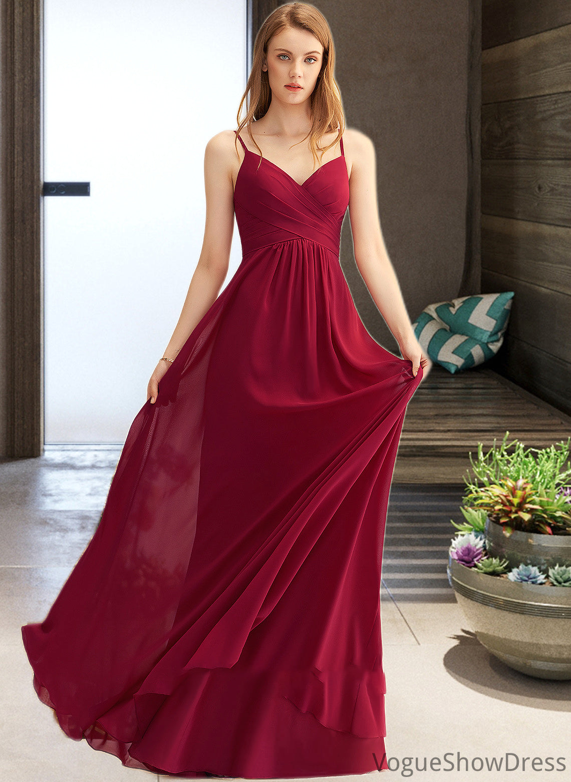 Stella A-LineV-neckFloor-LengthChiffonBridesmaidDressWithRuffle#251386 DLP0013076