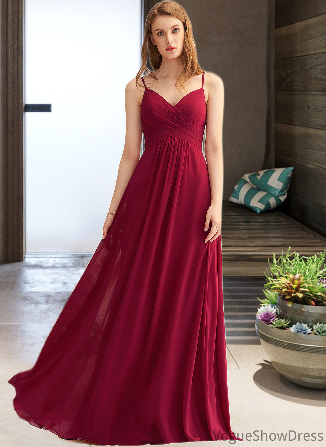 Stella A-LineV-neckFloor-LengthChiffonBridesmaidDressWithRuffle#251386 DLP0013076