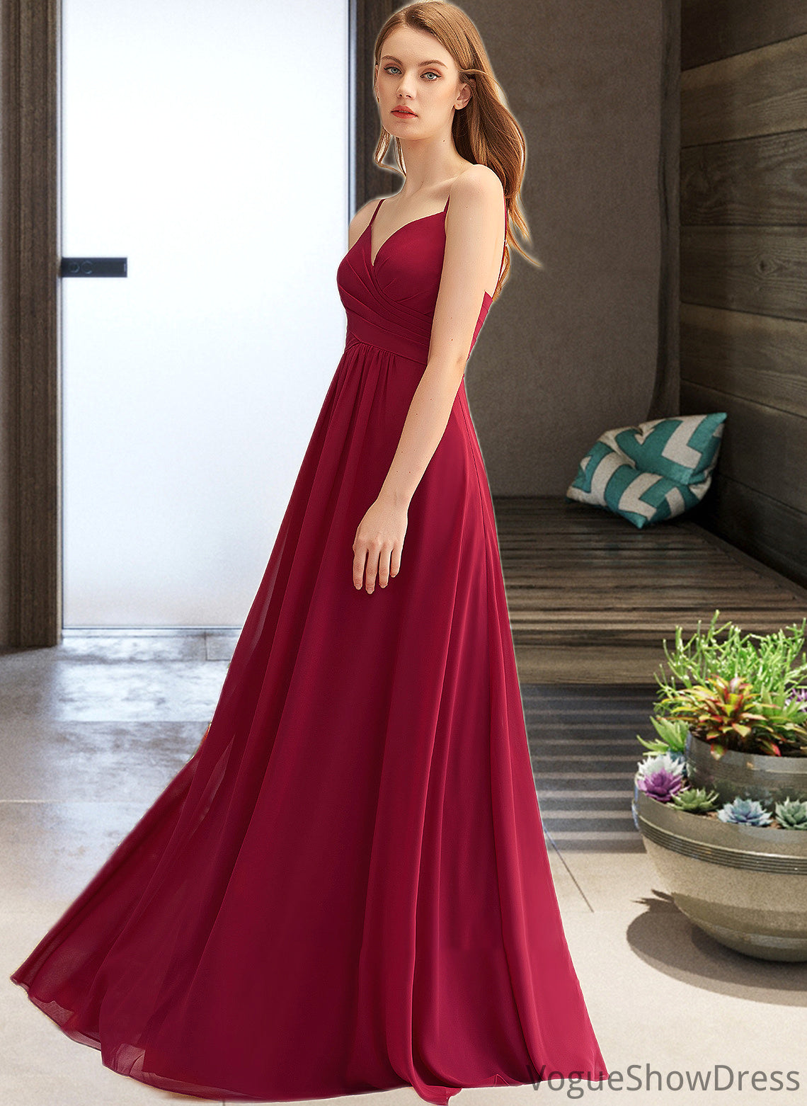 Stella A-LineV-neckFloor-LengthChiffonBridesmaidDressWithRuffle#251386 DLP0013076