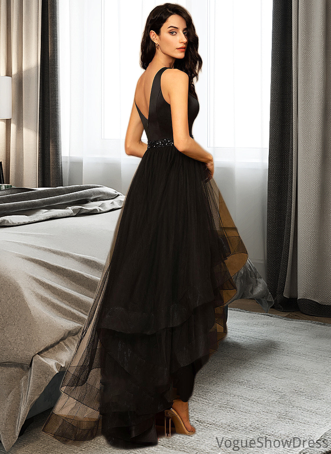 Uerica Ball-Gown/Princess V-neck Asymmetrical Tulle Bridesmaid Dress With Beading DLP0013077