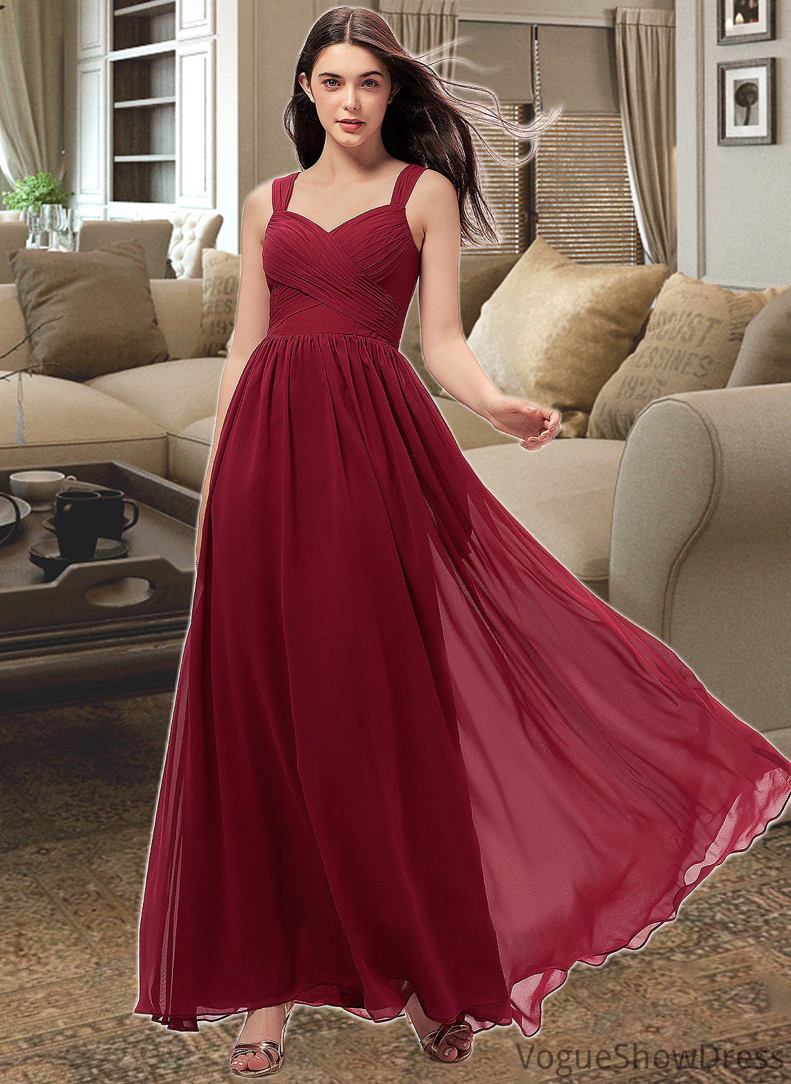 Valentina A-Line Sweetheart Floor-Length Chiffon Bridesmaid Dress With Ruffle Pockets DLP0013087