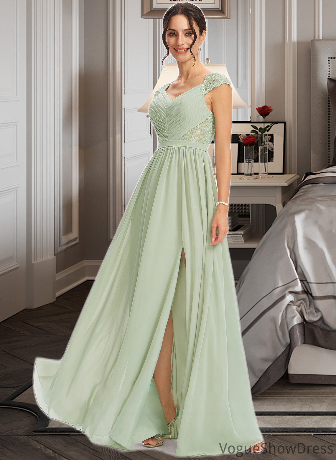 Zariah A-Line V-neck Floor-Length Bridesmaid Dress With Lace Split Front DLP0013096