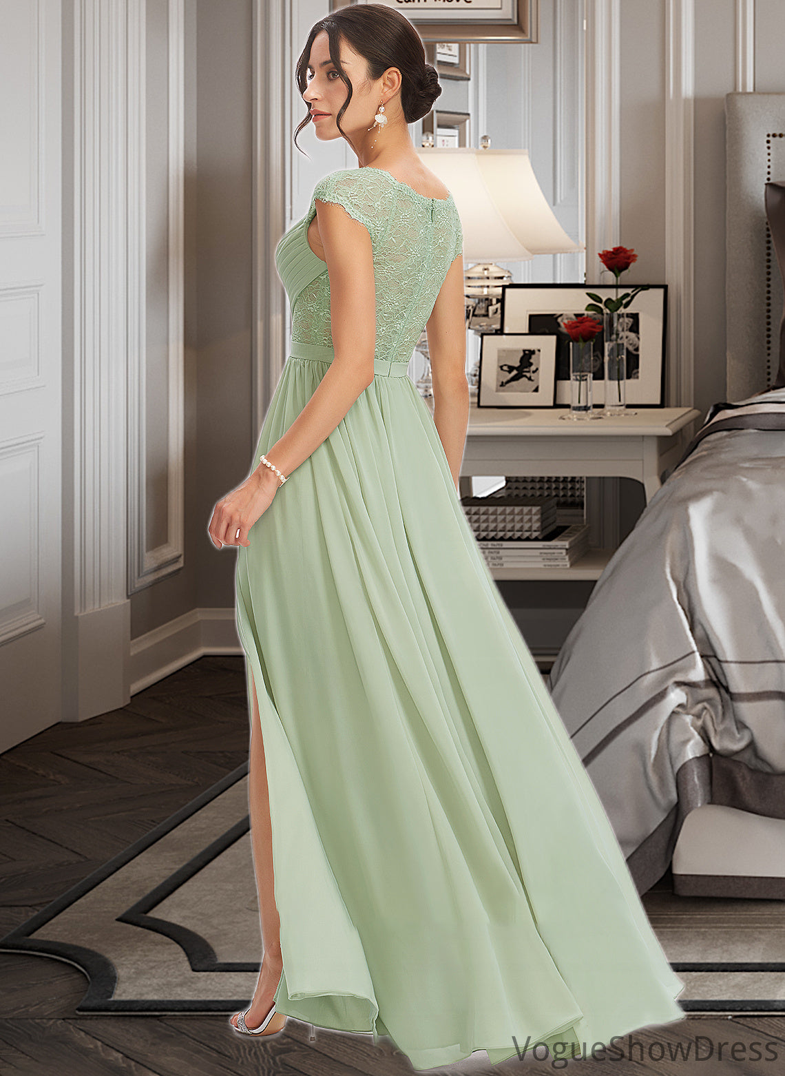 Zariah A-Line V-neck Floor-Length Bridesmaid Dress With Lace Split Front DLP0013096