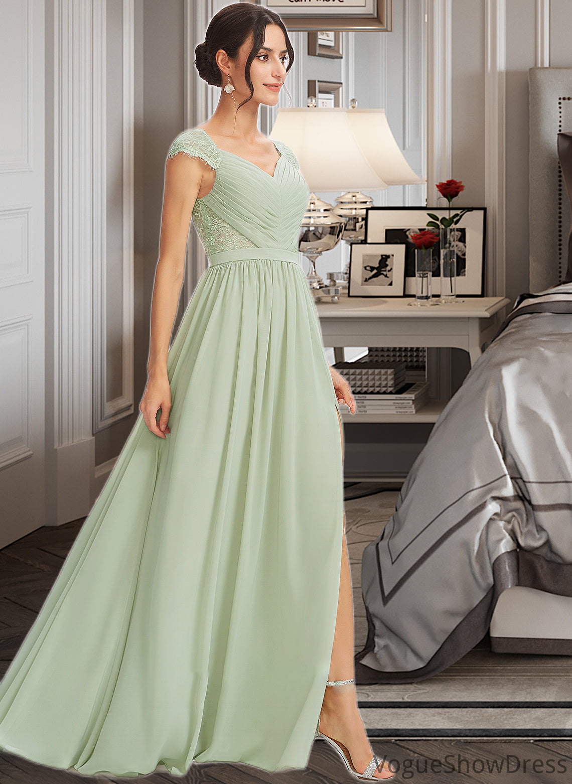 Zariah A-Line V-neck Floor-Length Bridesmaid Dress With Lace Split Front DLP0013096