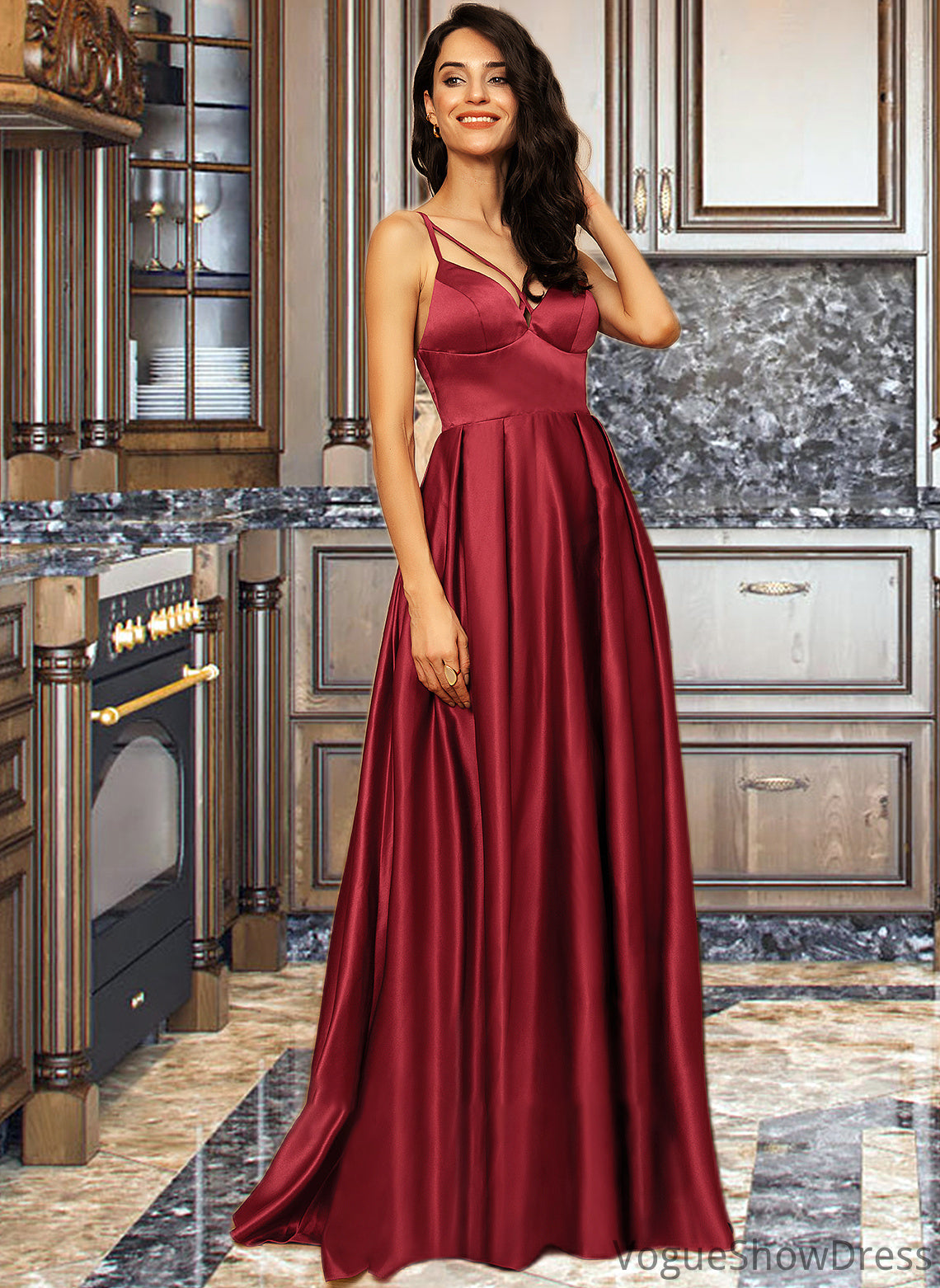 Winifred A-Line V-neck Floor-Length Satin Bridesmaid Dress With Split Front Pockets DLP0013100