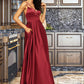 Winifred A-Line V-neck Floor-Length Satin Bridesmaid Dress With Split Front Pockets DLP0013100