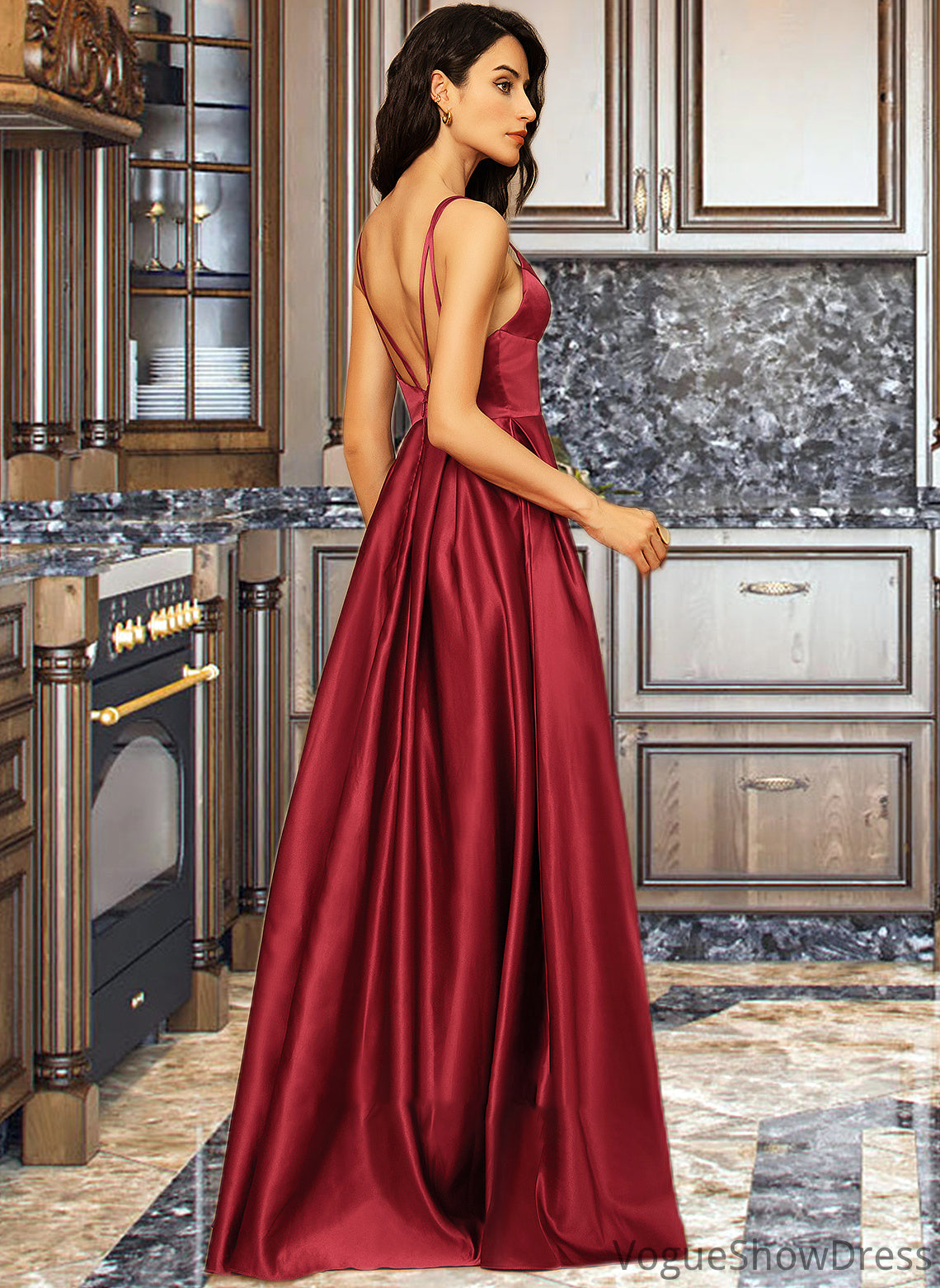 Winifred A-Line V-neck Floor-Length Satin Bridesmaid Dress With Split Front Pockets DLP0013100