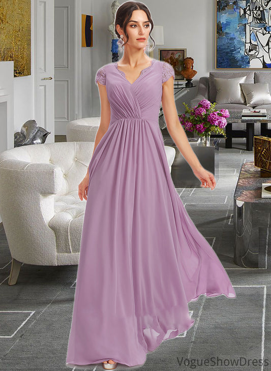 Talia A-Line V-neck Floor-Length Bridesmaid Dress With Lace DLP0013111