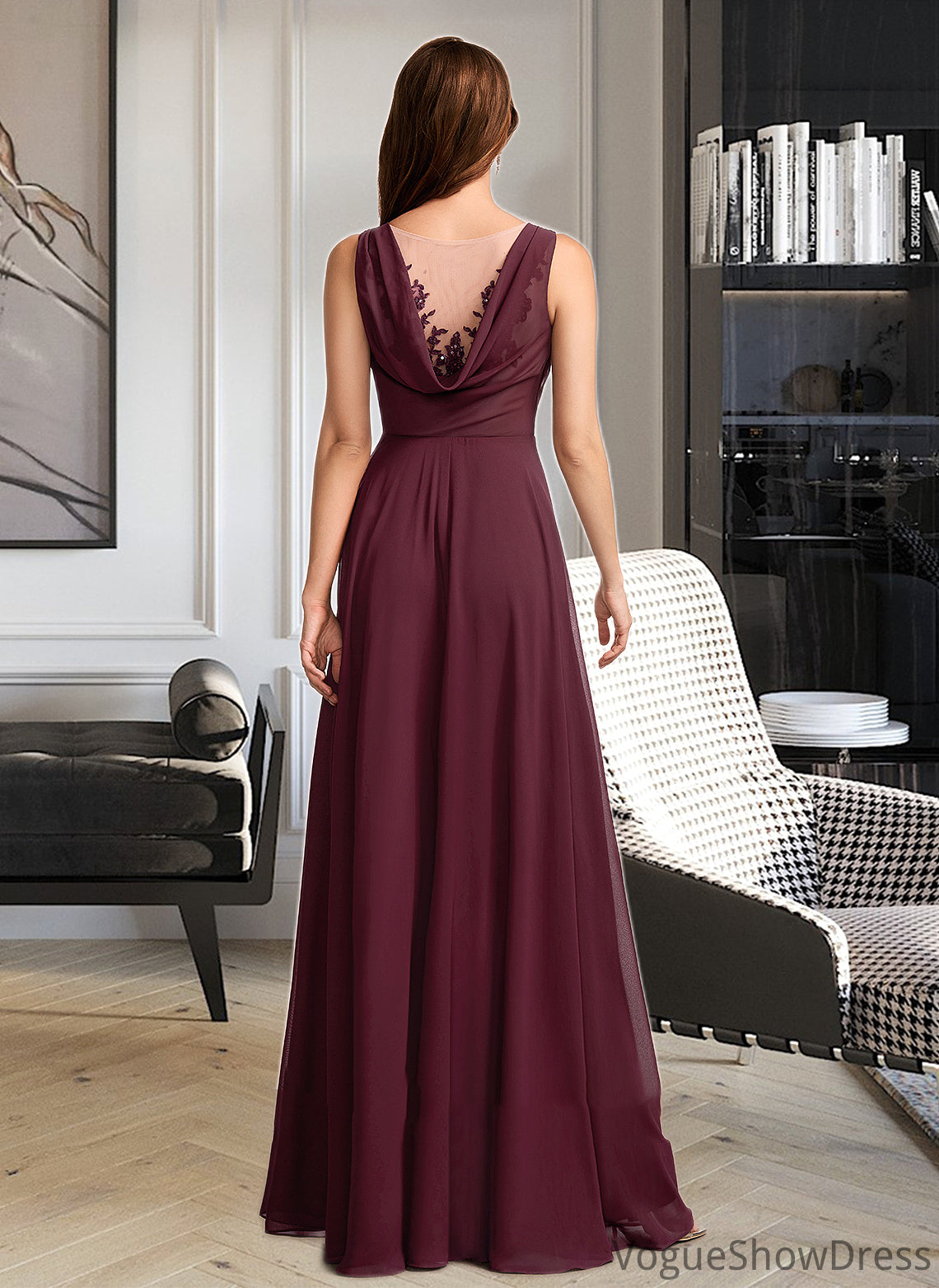 Tiara A-Line V-neck Floor-Length Bridesmaid Dress With Lace DLP0013117