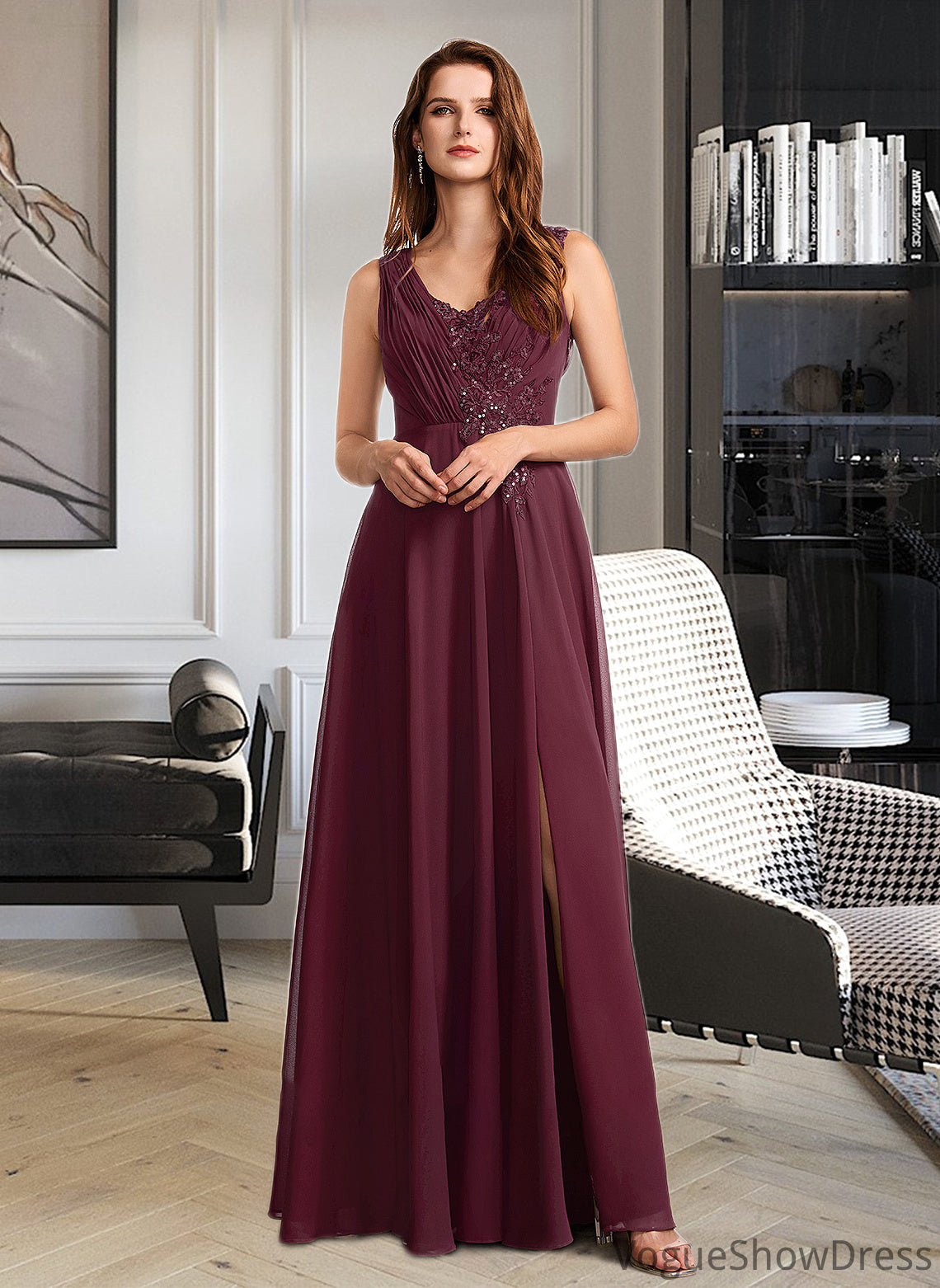 Tiara A-Line V-neck Floor-Length Bridesmaid Dress With Lace DLP0013117