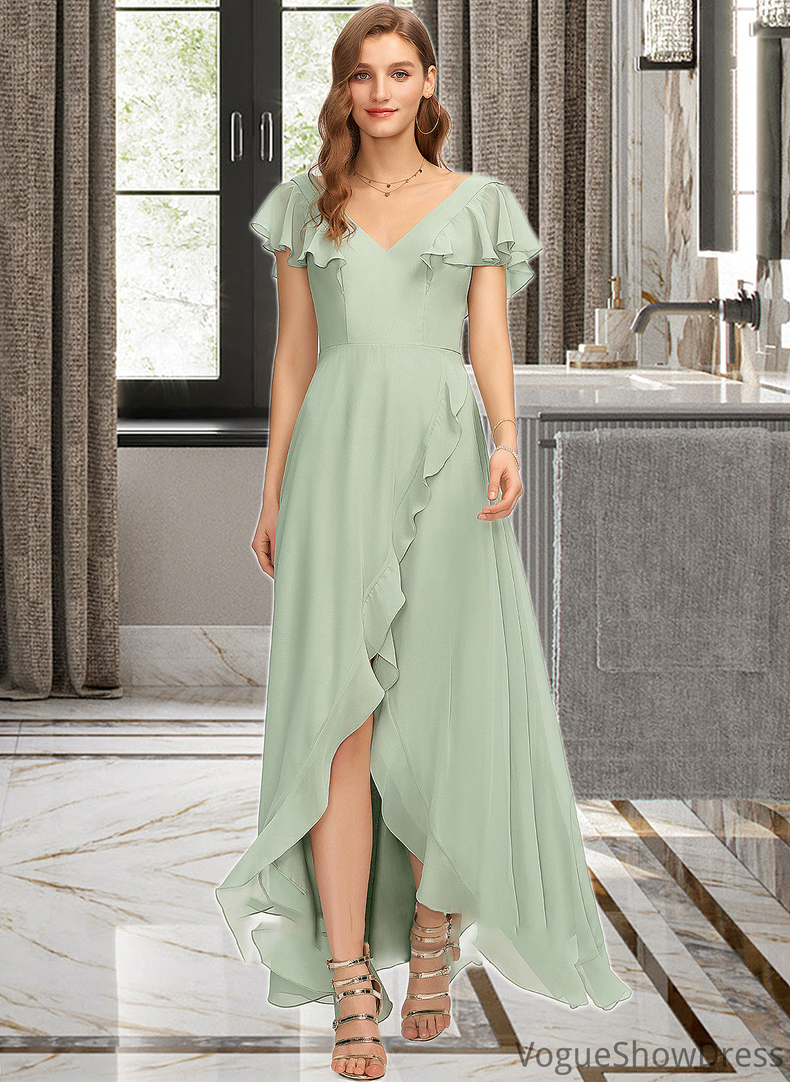 Taryn A-Line V-neck Asymmetrical Chiffon Bridesmaid Dress With Cascading Ruffles DLP0013130