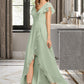 Taryn A-Line V-neck Asymmetrical Chiffon Bridesmaid Dress With Cascading Ruffles DLP0013130