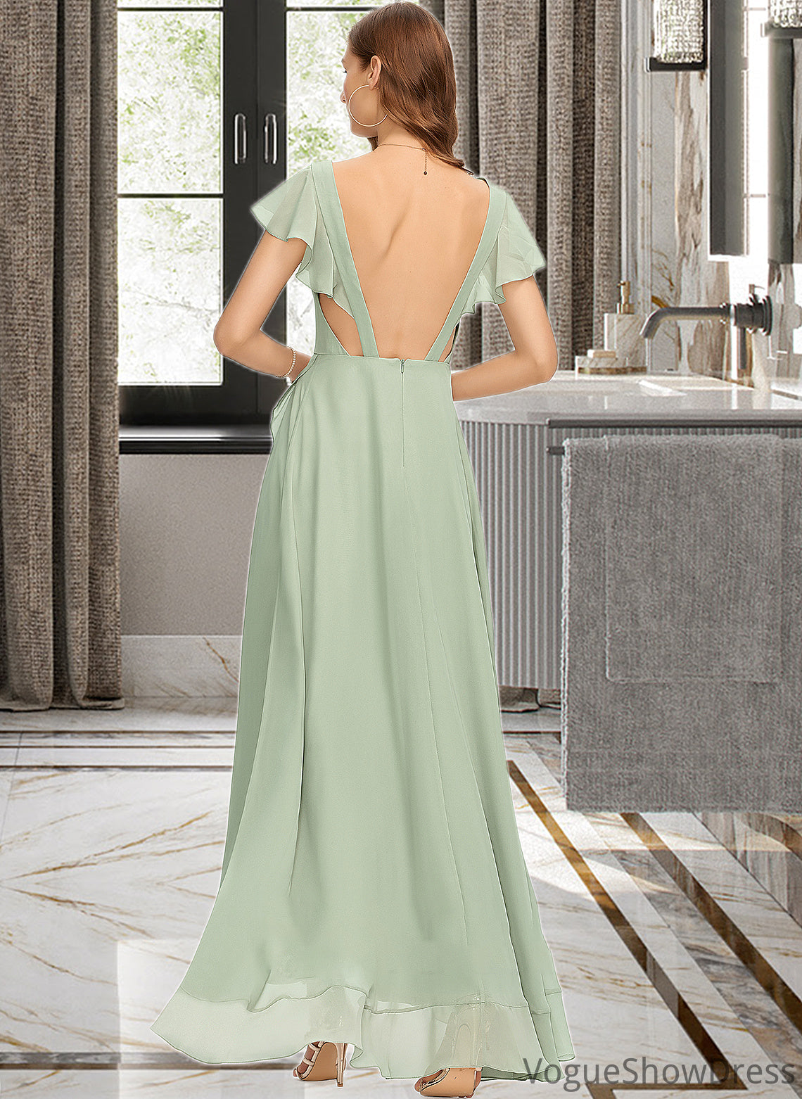 Taryn A-Line V-neck Asymmetrical Chiffon Bridesmaid Dress With Cascading Ruffles DLP0013130