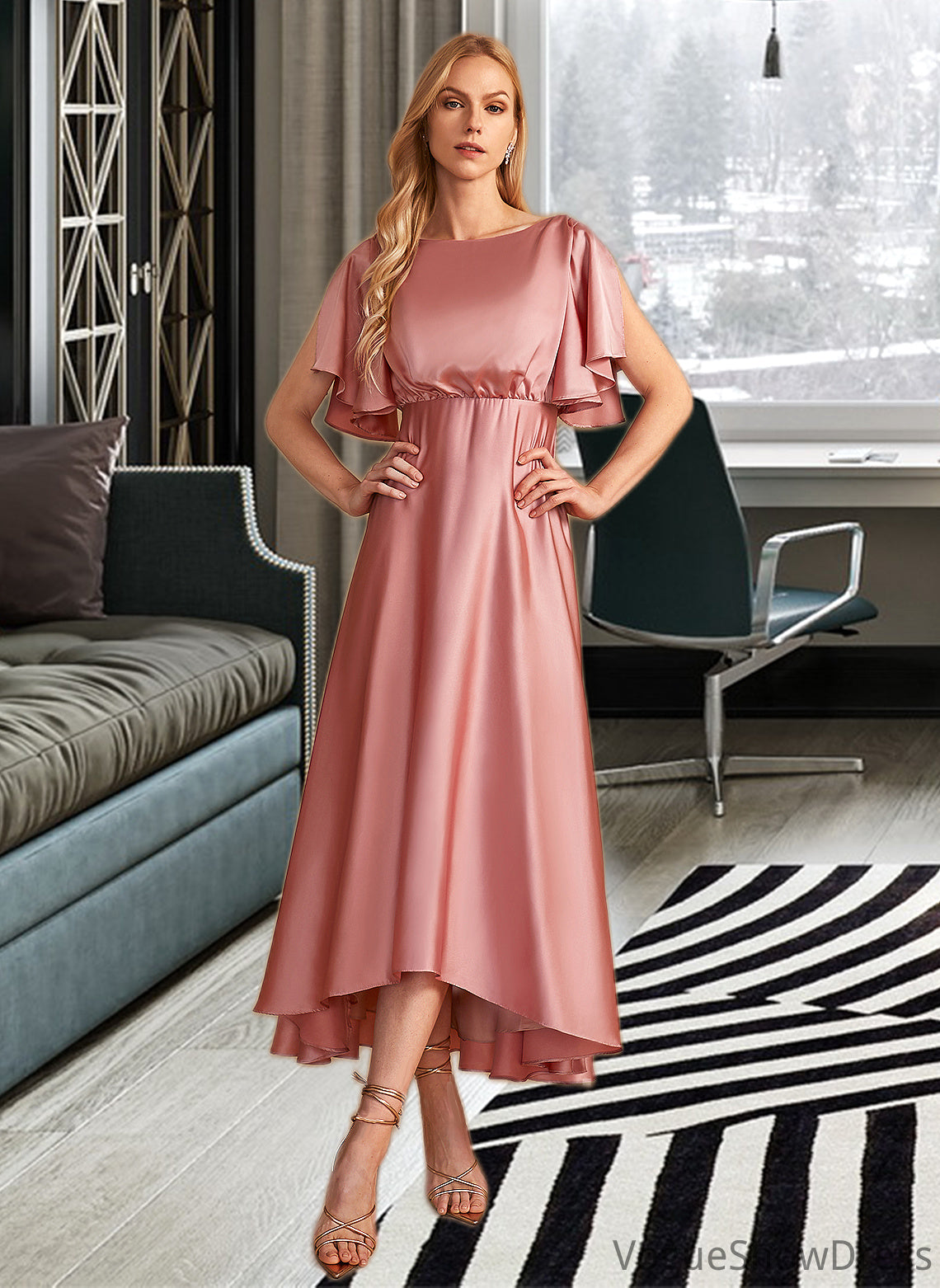 Suzanne A-Line High Neck Asymmetrical Bridesmaid Dress DLP0013138