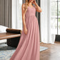 Tara A-Line V-neck Floor-Length Bridesmaid Dress With Ruffle Bow(s) DLP0013148