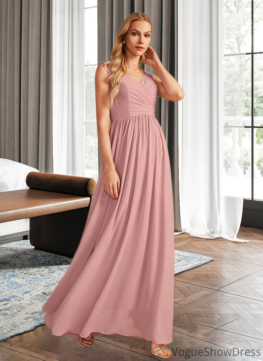 Tara A-Line V-neck Floor-Length Bridesmaid Dress With Ruffle Bow(s) DLP0013148