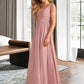 Tara A-Line V-neck Floor-Length Bridesmaid Dress With Ruffle Bow(s) DLP0013148