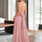 Tara A-Line V-neck Floor-Length Bridesmaid Dress With Ruffle Bow(s) DLP0013148