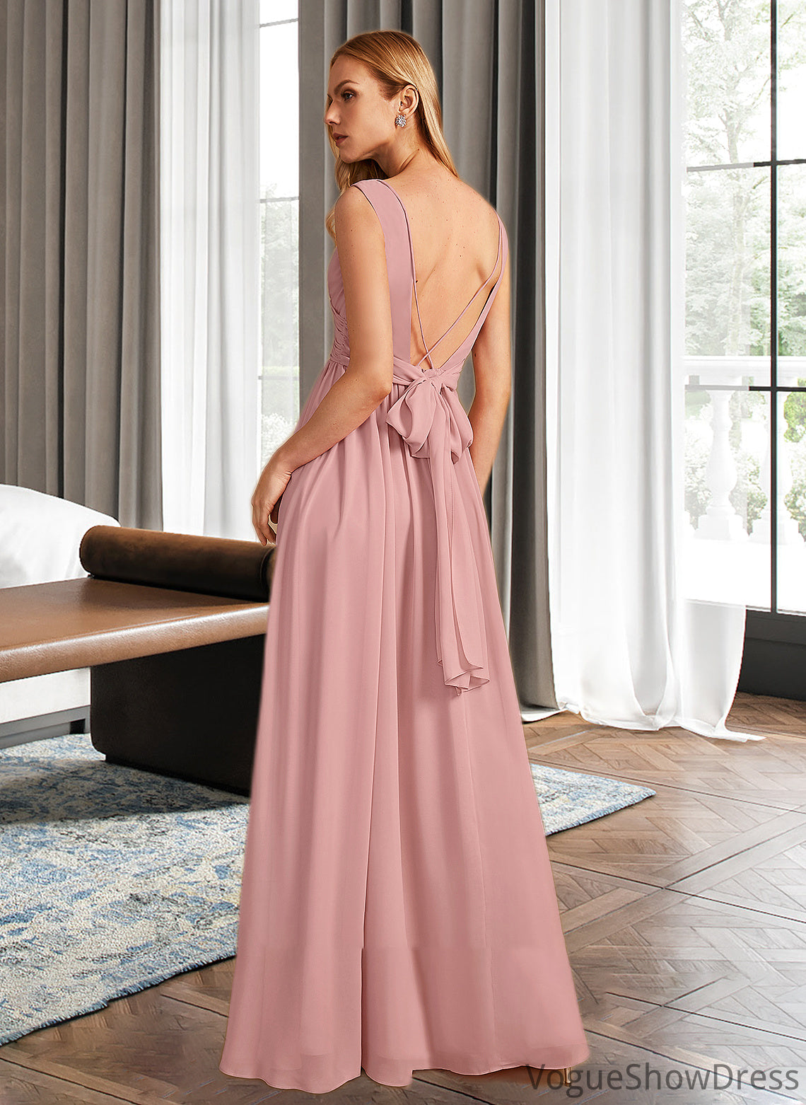 Tara A-Line V-neck Floor-Length Bridesmaid Dress With Ruffle Bow(s) DLP0013148