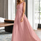 Tara A-Line V-neck Floor-Length Bridesmaid Dress With Ruffle Bow(s) DLP0013148