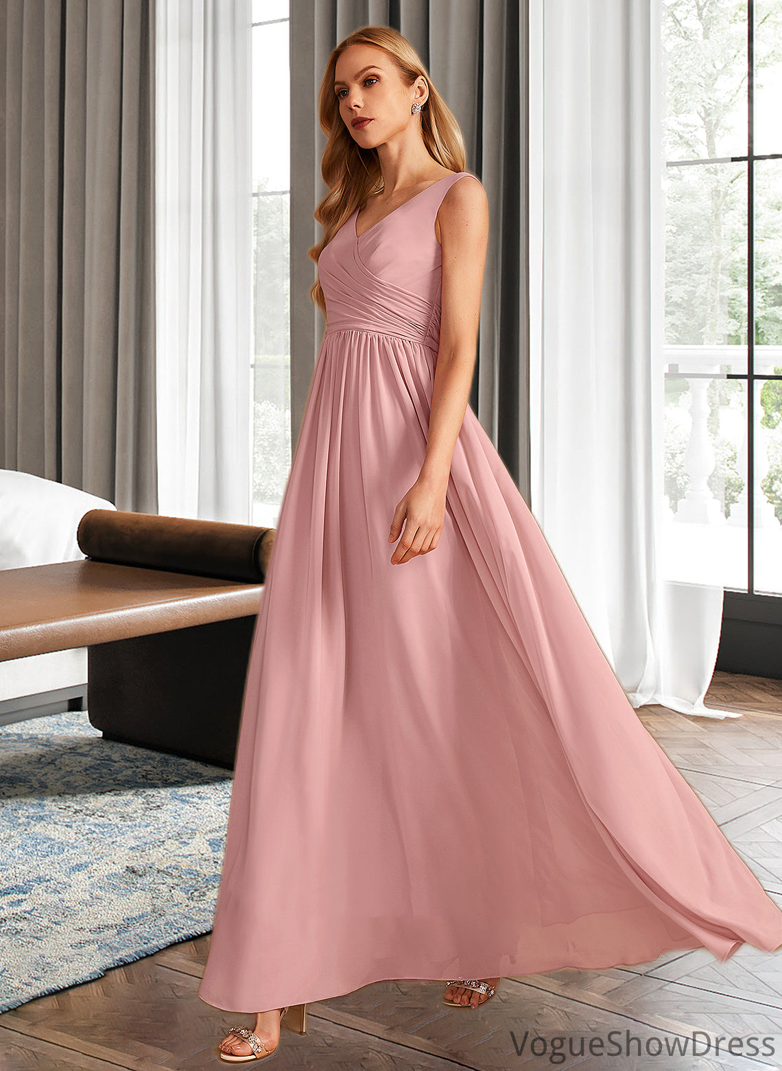 Tara A-Line V-neck Floor-Length Bridesmaid Dress With Ruffle Bow(s) DLP0013148