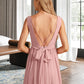 Tara A-Line V-neck Floor-Length Bridesmaid Dress With Ruffle Bow(s) DLP0013148