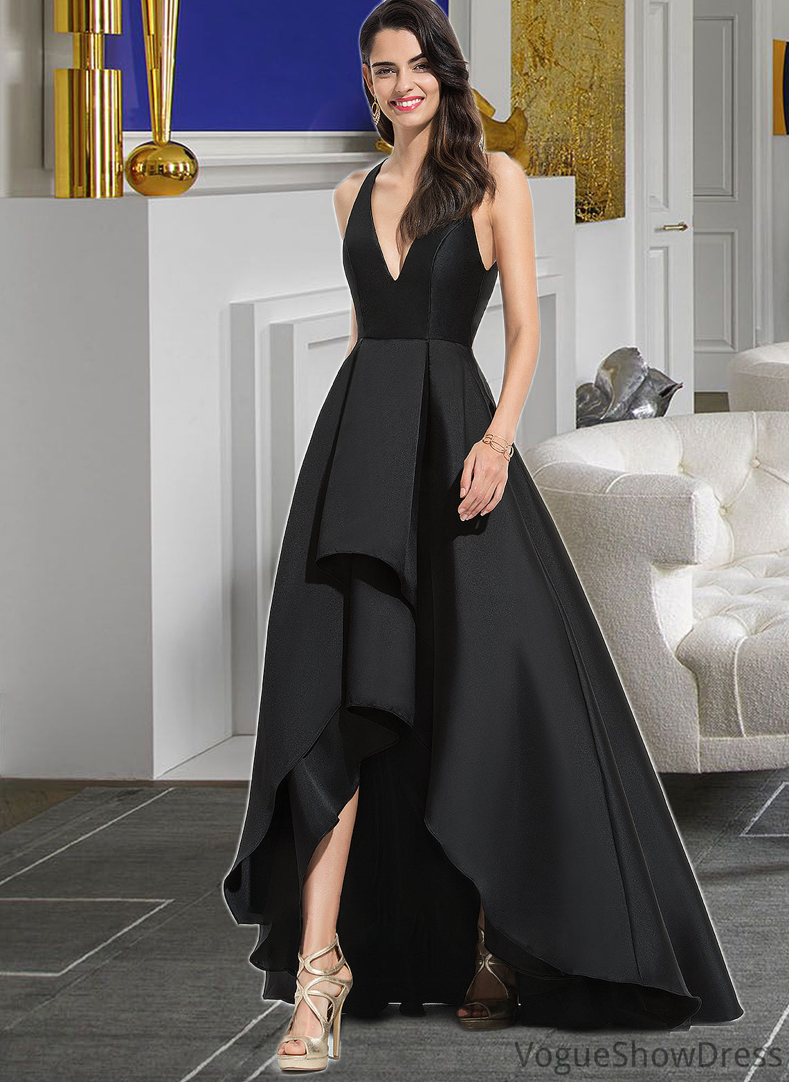 Tori Ball-Gown/Princess V-neck Asymmetrical Satin Bridesmaid Dress With Cascading Ruffles DLP0013157