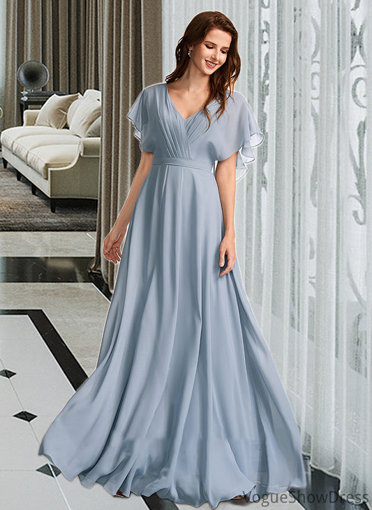 Terri A-Line V-neck Floor-Length Bridesmaid Dress With Ruffle DLP0013165