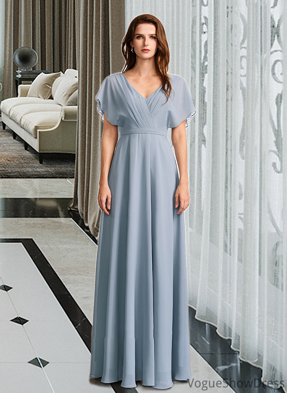 Terri A-Line V-neck Floor-Length Bridesmaid Dress With Ruffle DLP0013165