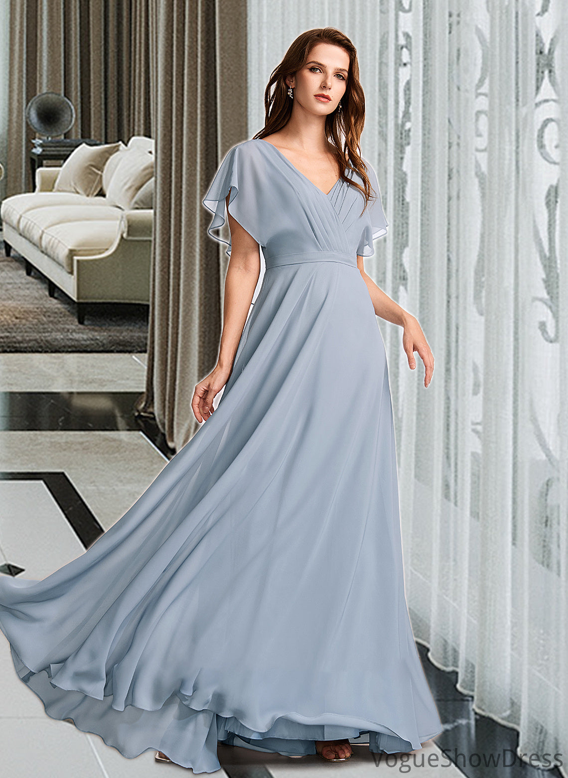 Terri A-Line V-neck Floor-Length Bridesmaid Dress With Ruffle DLP0013165