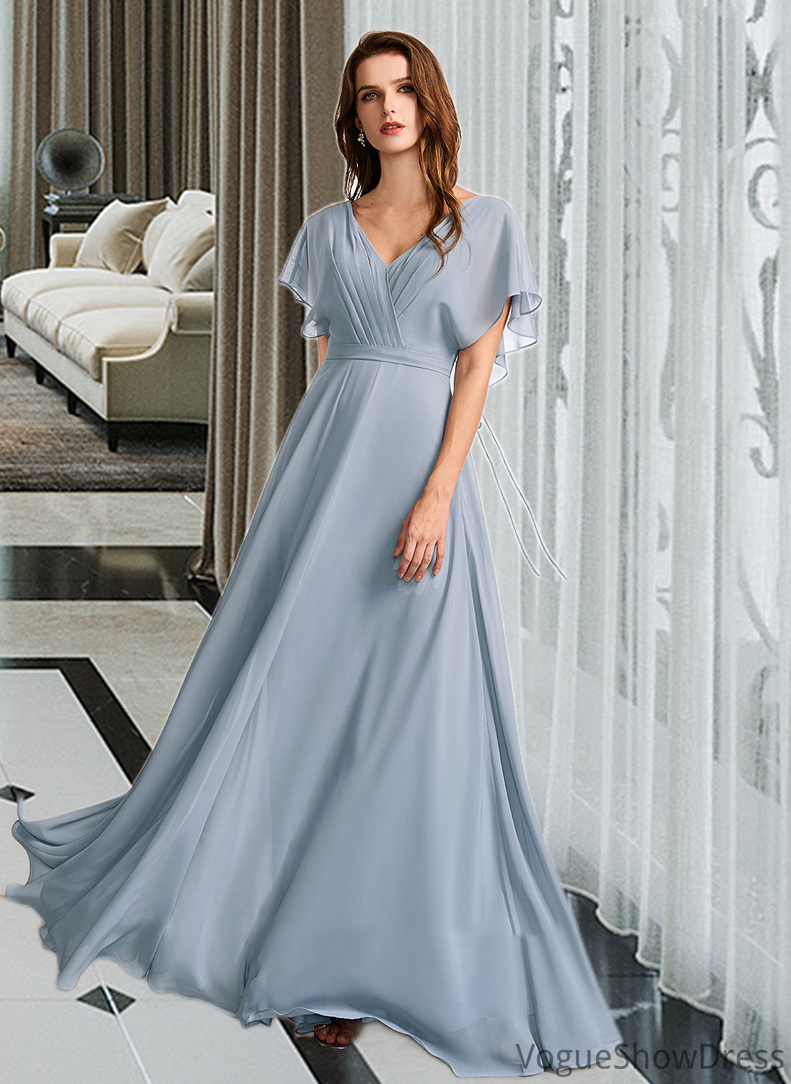 Terri A-Line V-neck Floor-Length Bridesmaid Dress With Ruffle DLP0013165